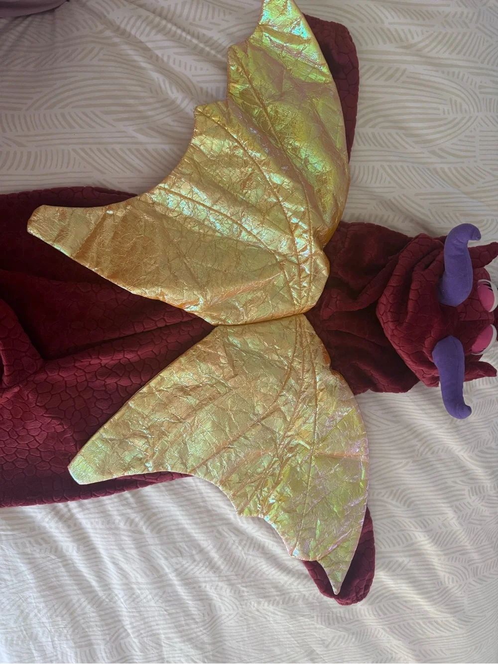 Kids Burgundy Plush Dragon Costume - Hooded Onesie size 6-7 (L)